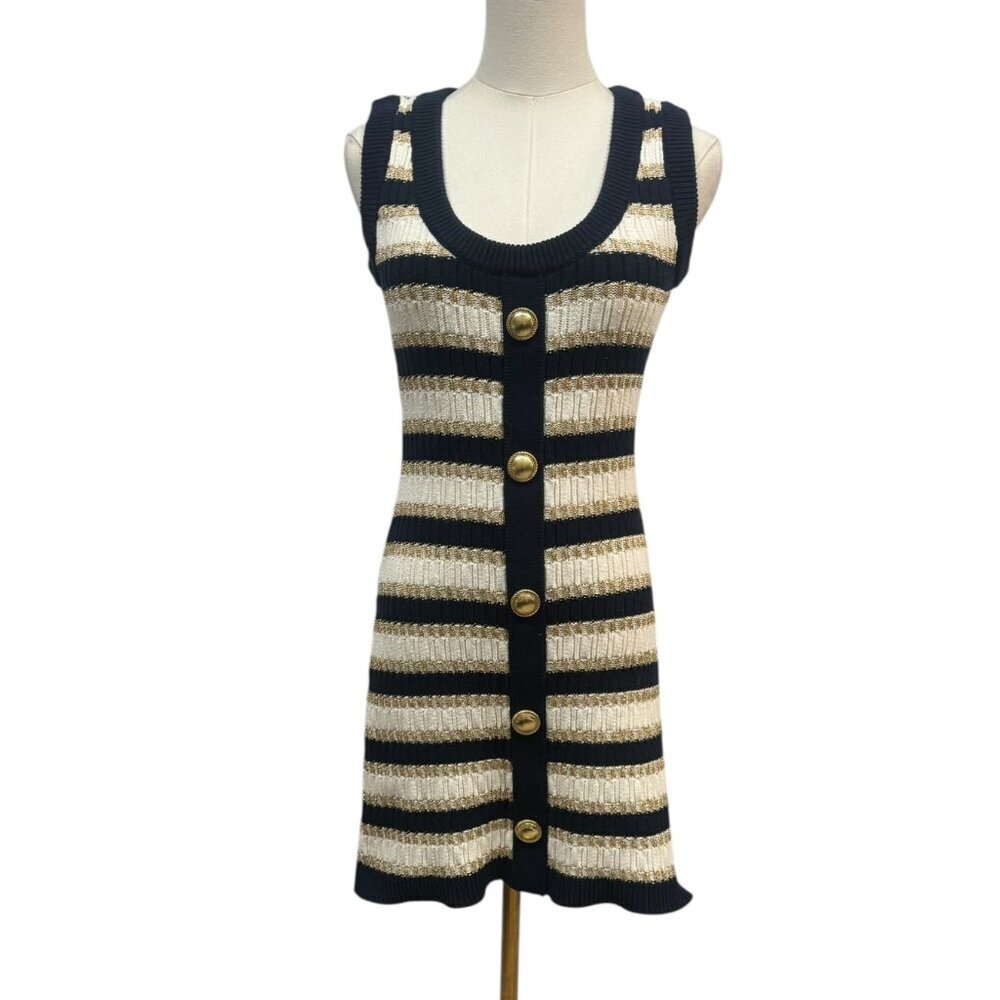 Cara Cara Navy & Cream Striped Knit Dress – XS – Gold Button Detail – EUC
